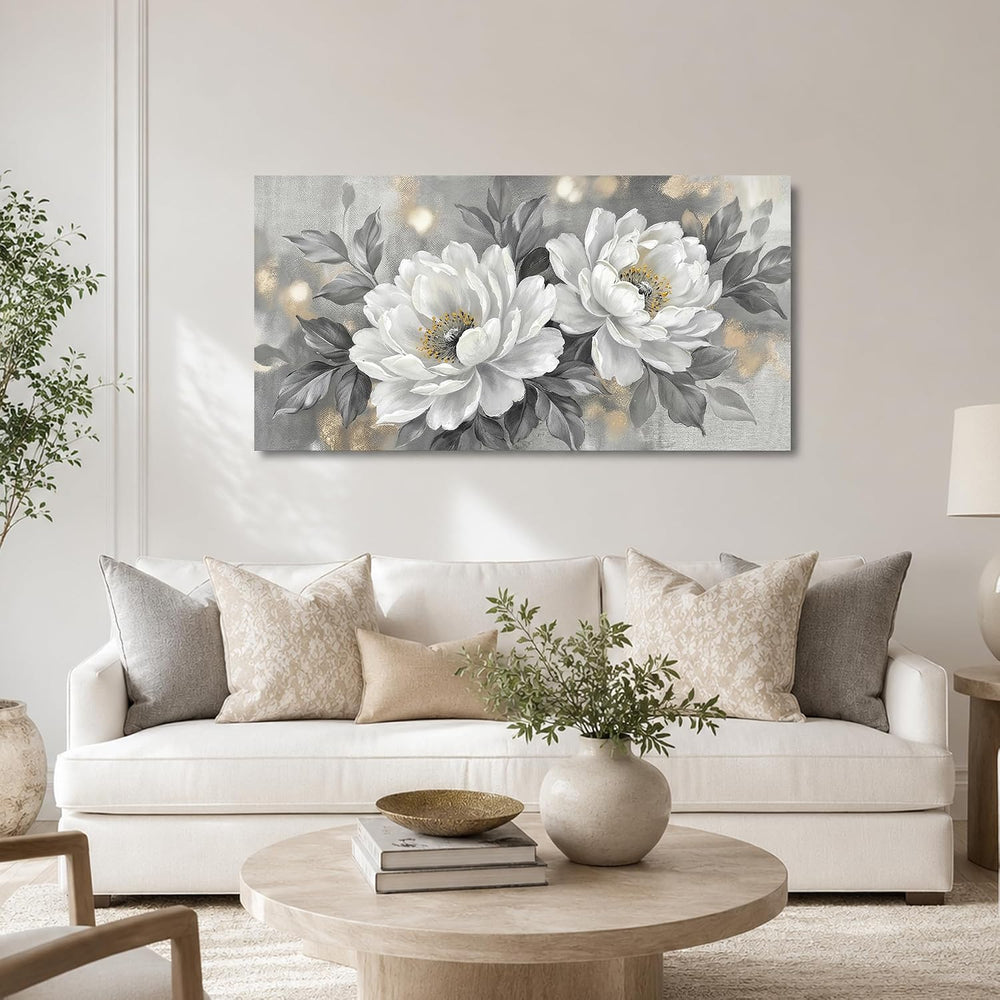 Anolyfi White Peony Neutral Floral Canvas Wall Art for Bedroom 40"x20"