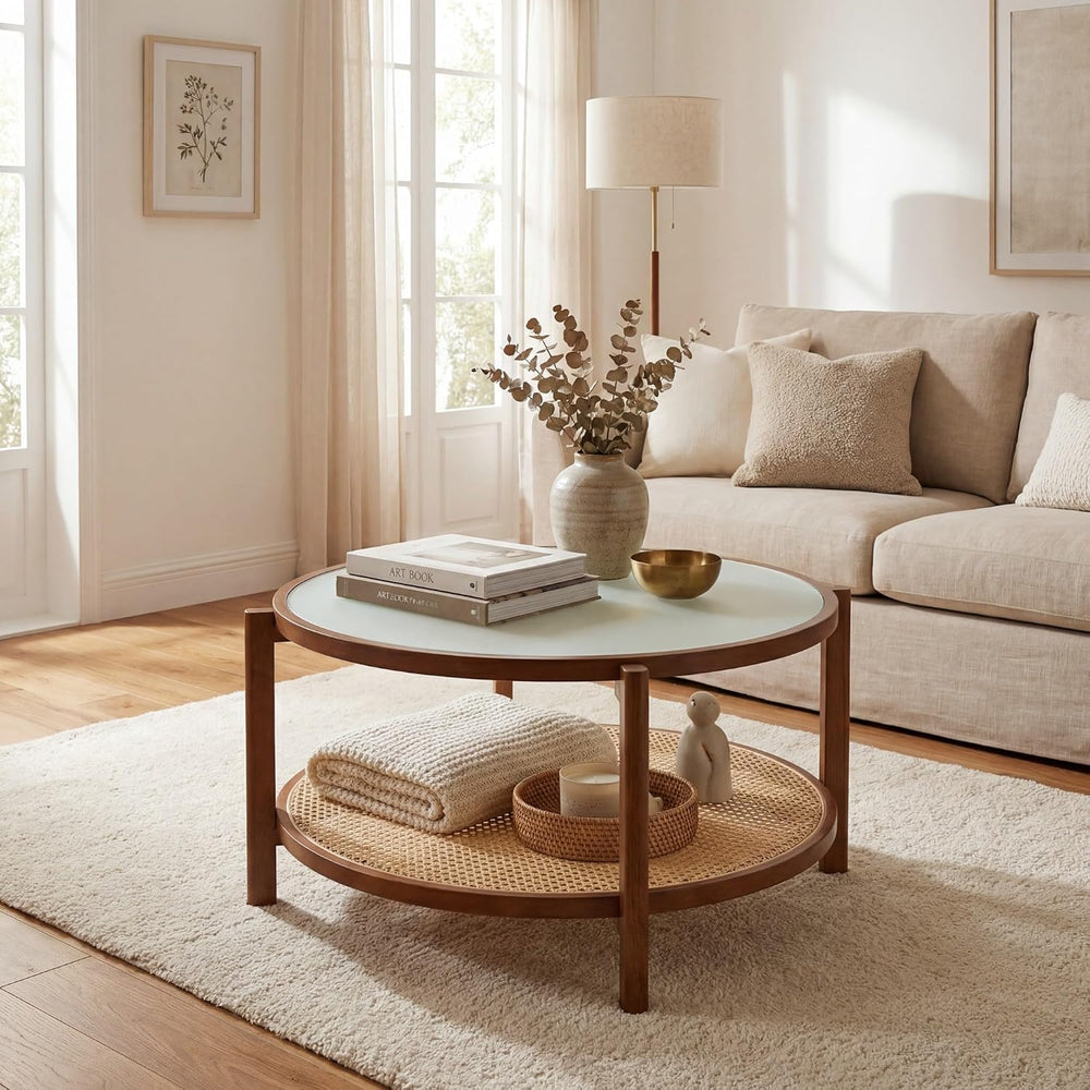 Tangkula 2-Tier Wooden Round Coffee Table, Walnut