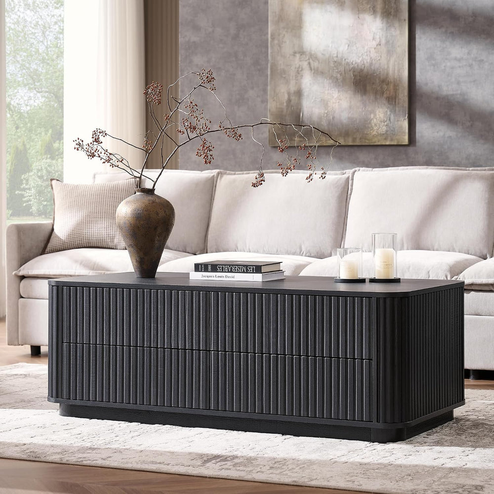 51" Fluted Coffee Table with 4 Drawers, Black Oak
