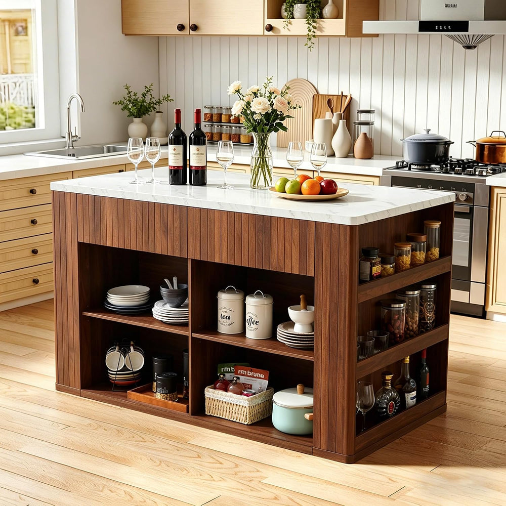59" Kitchen Island with Storage & Seating for 2, Modern Stationary K...