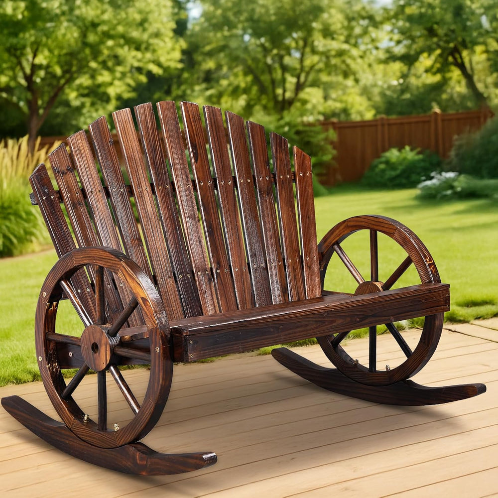 Outvita 2-Person Wood Rocking Chair, Fir Log Adirondack Rocker, Outdoor Wood ...