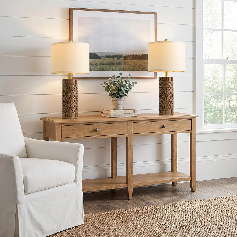 BOBOMOMO 24.25" Modern Farmhouse Table Lamps Set of 2, Geometric Wood Gr...