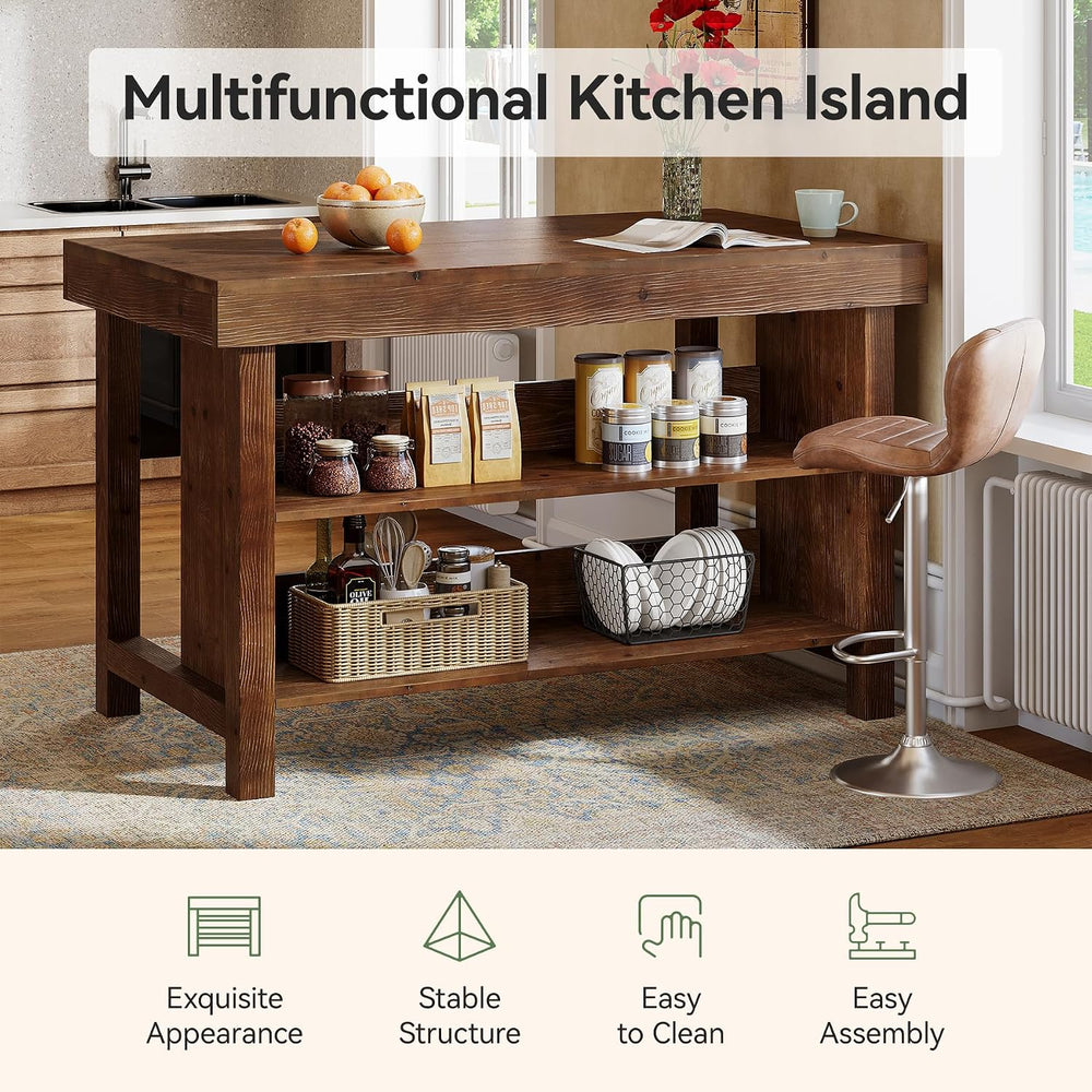 Solid Wood Kitchen Island, 3-Tier 55 Inch Stationary Island Table