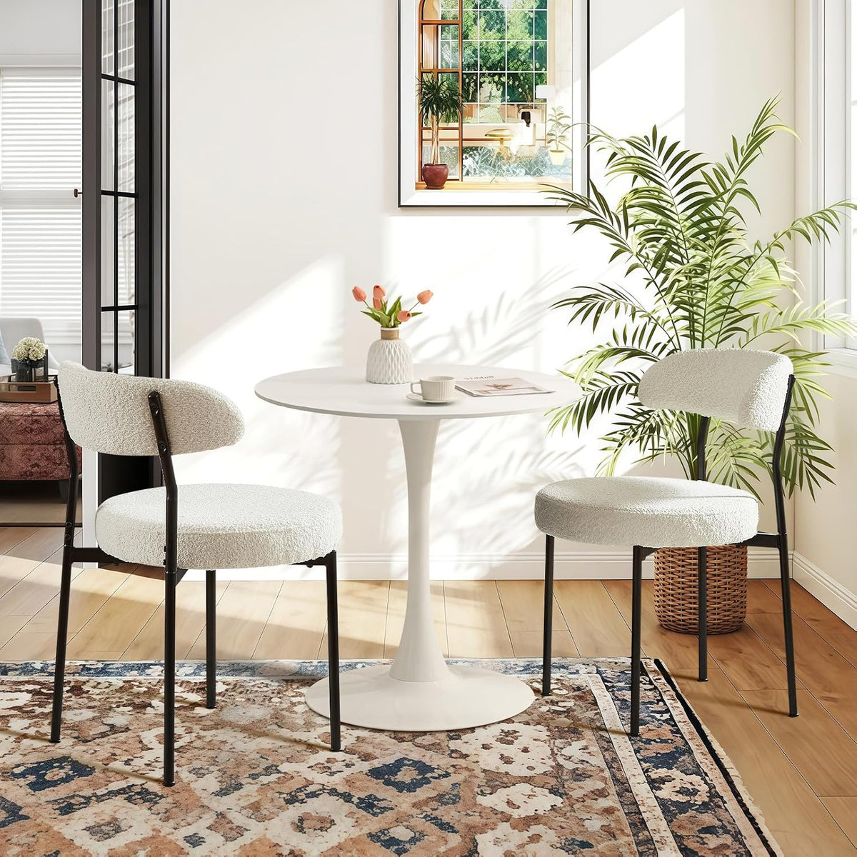 Dining Table and Dining Chair Set 23.6" White Round Table&2 Boucle Upholstered Black Legs Chairs for Kitchen Dining Room Small Space 3 Piece Dining Table and Chair Set（Beige）