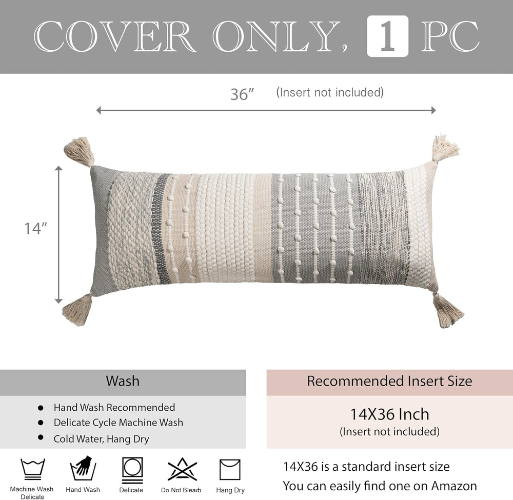 BlissBlush Gray Boho Lumbar Throw Pillow Cover 14x36 Grey Accent Long Body Lu...