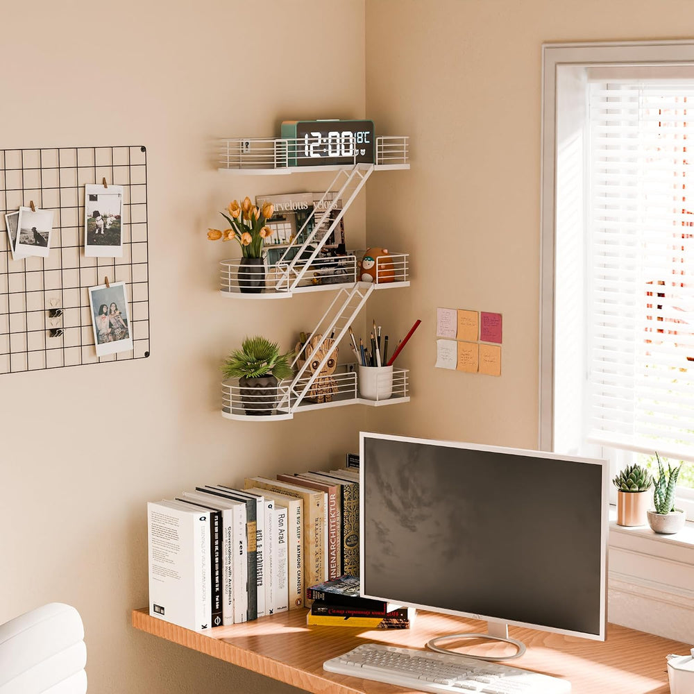 15 Inch Fire Escape Wall Shelf - White Metal Decorative Shelves, Eye-Catching...