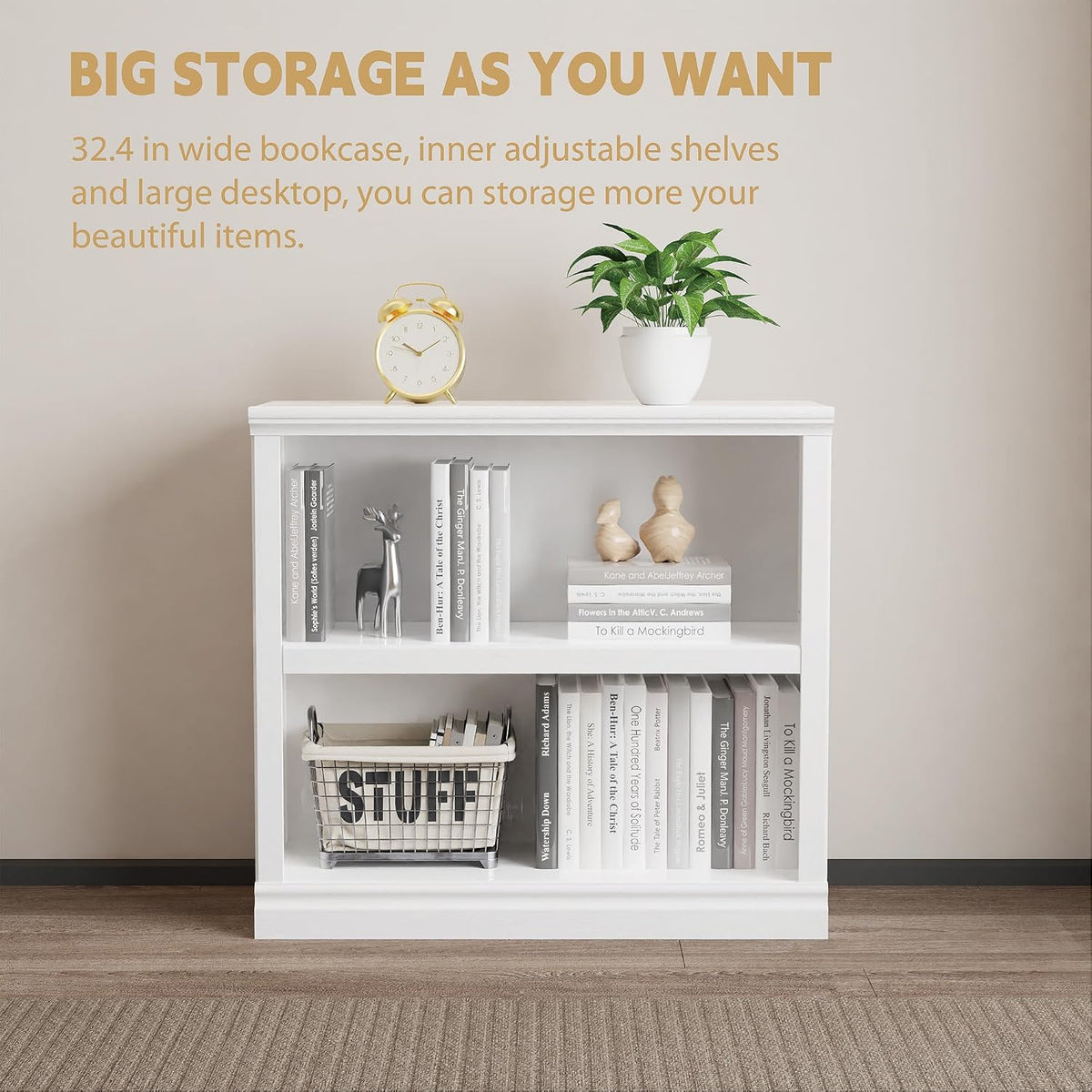 blini 2-shelf white bookcase wooden bookshelves 33in wide showing dimensions