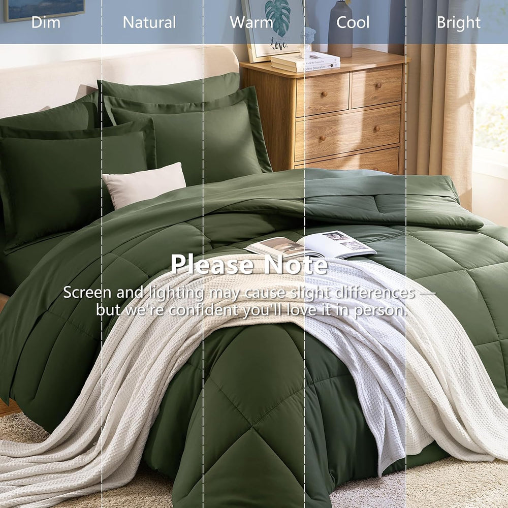 CozyLux King Size Comforter Set, 7-Piece Bed in a Bag, Olive Green