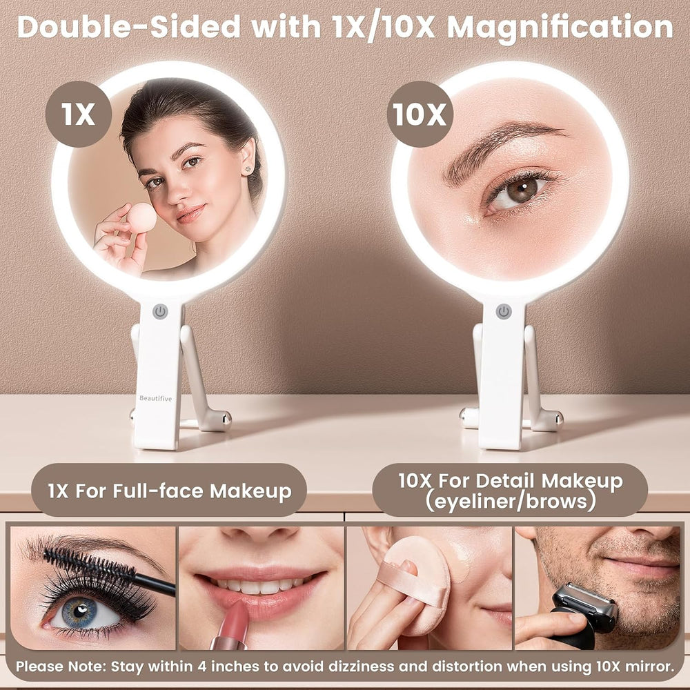 7.5" Large Travel Mirror with Light, Rechargeable 10X/1X Magnifying Mirror