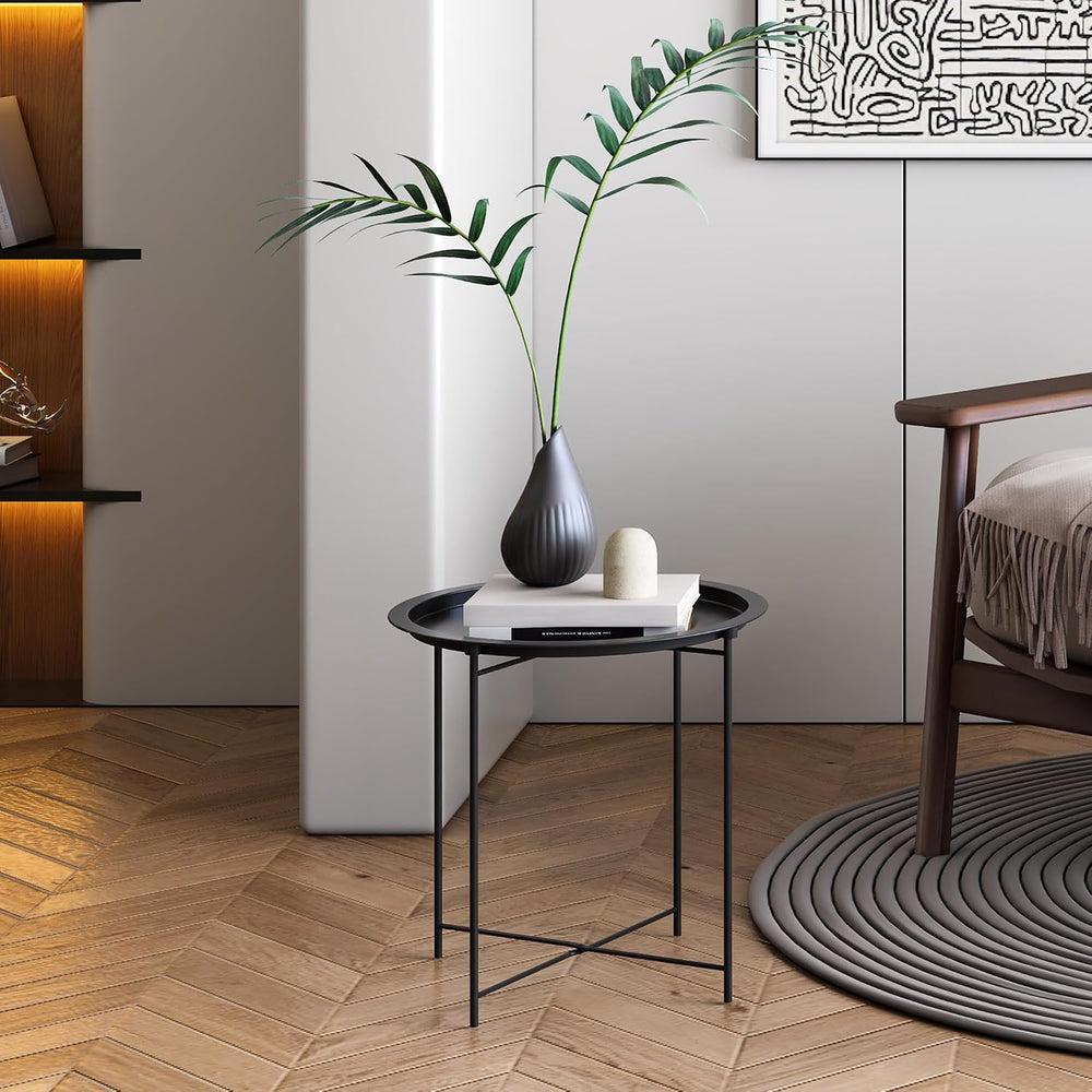 End Table Set of 2,Outdoor Side Table, Small Patio Round Folding Metal Black ...