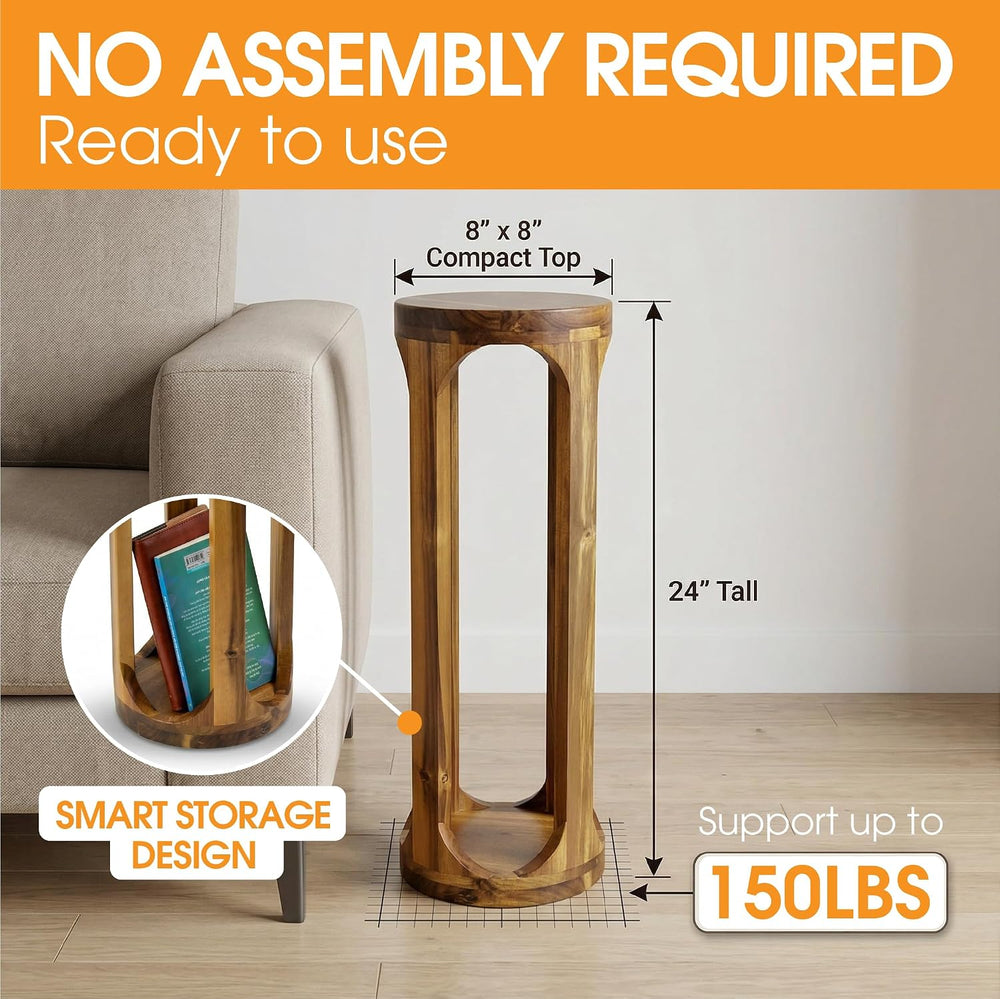 ENKEZI No Assembly Small Side Table, 24 Inch Tall Real Acacia Wood Slim End T...