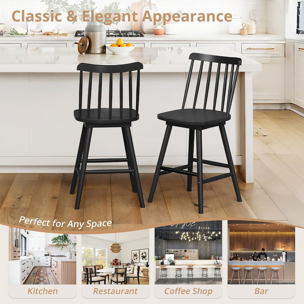 LUE BONA 360° Swivel Bar Stools Set of 2, Black Windsor Barstools, Counter He...