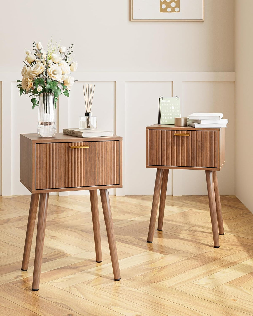 Night Stand Set 2, Modern Nightstand with Fluted Doors, Walnut