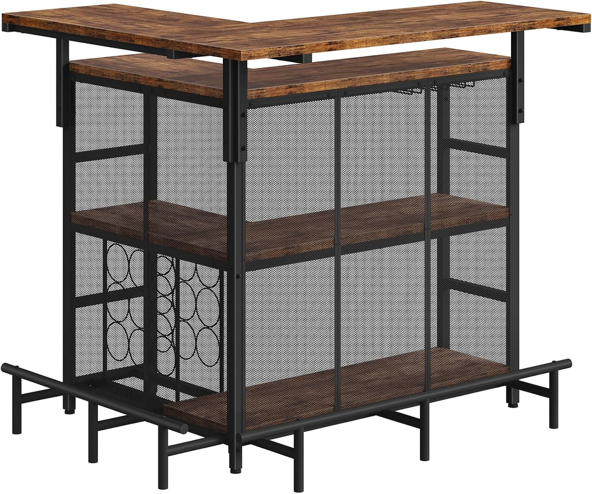 HOOBRO Home Bar Unit, L-Shaped Bar Table with Glasses Holder & 4-Tier Shelves, Corner Mini Liquor Cabinet with Footrest & LED Light APP Control for Home, Pub, Rustic Brown and Black BF129DBT01