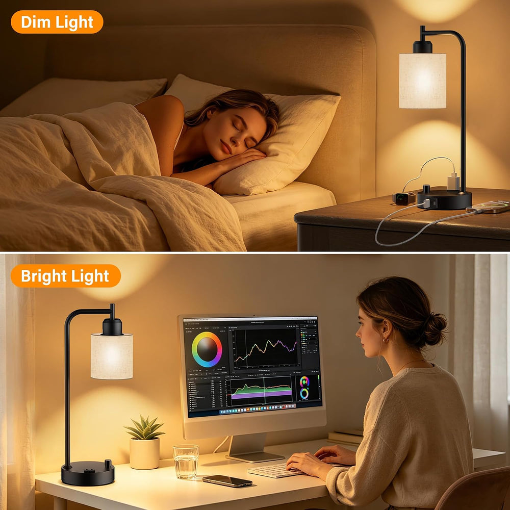 SIBRILLE Industrial Table Lamps with Linen Shade, Set of 2 Fully Dimmable Bed...