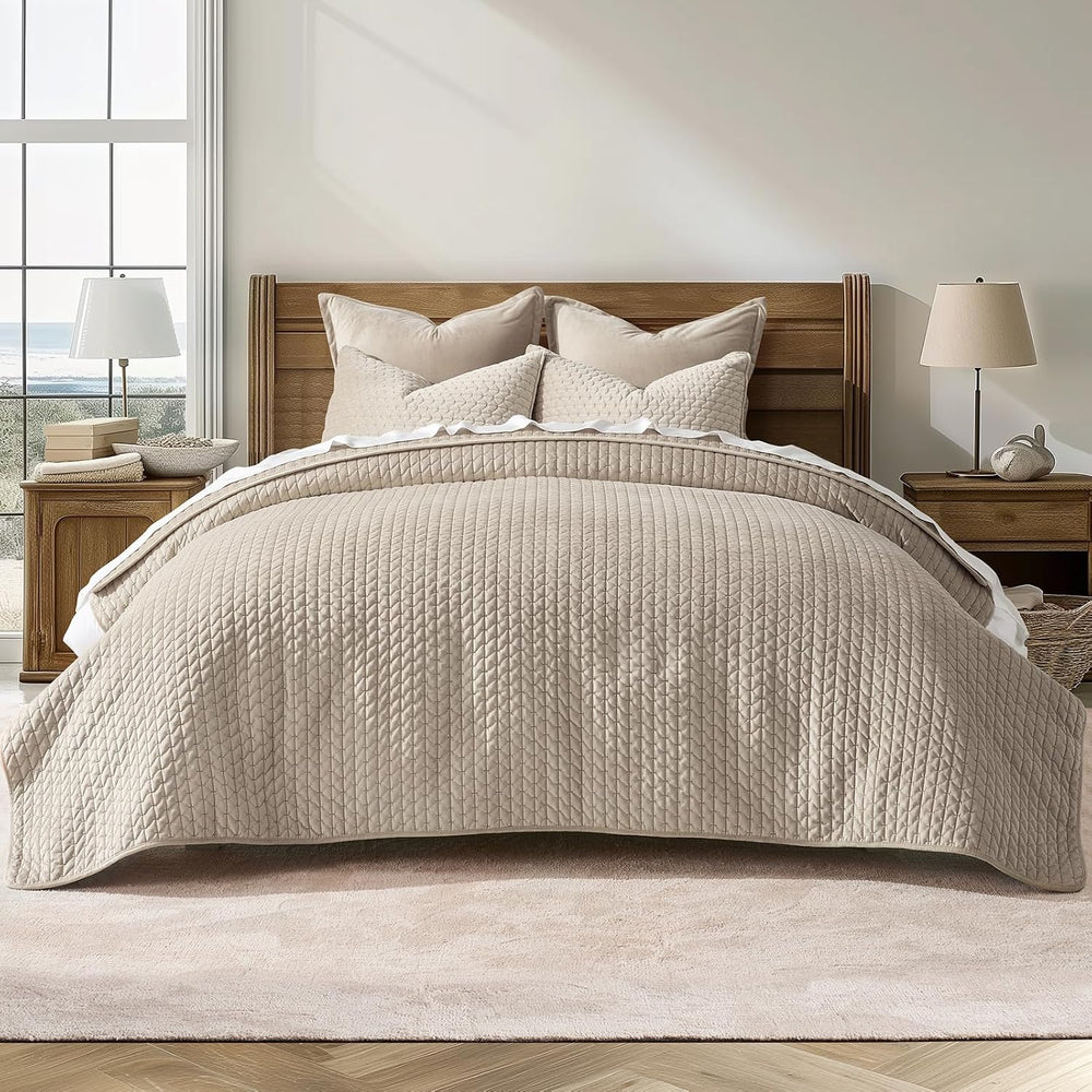 EverGrace Cross-Stitch Velvet Quilt Set, King Size, Light Taupe