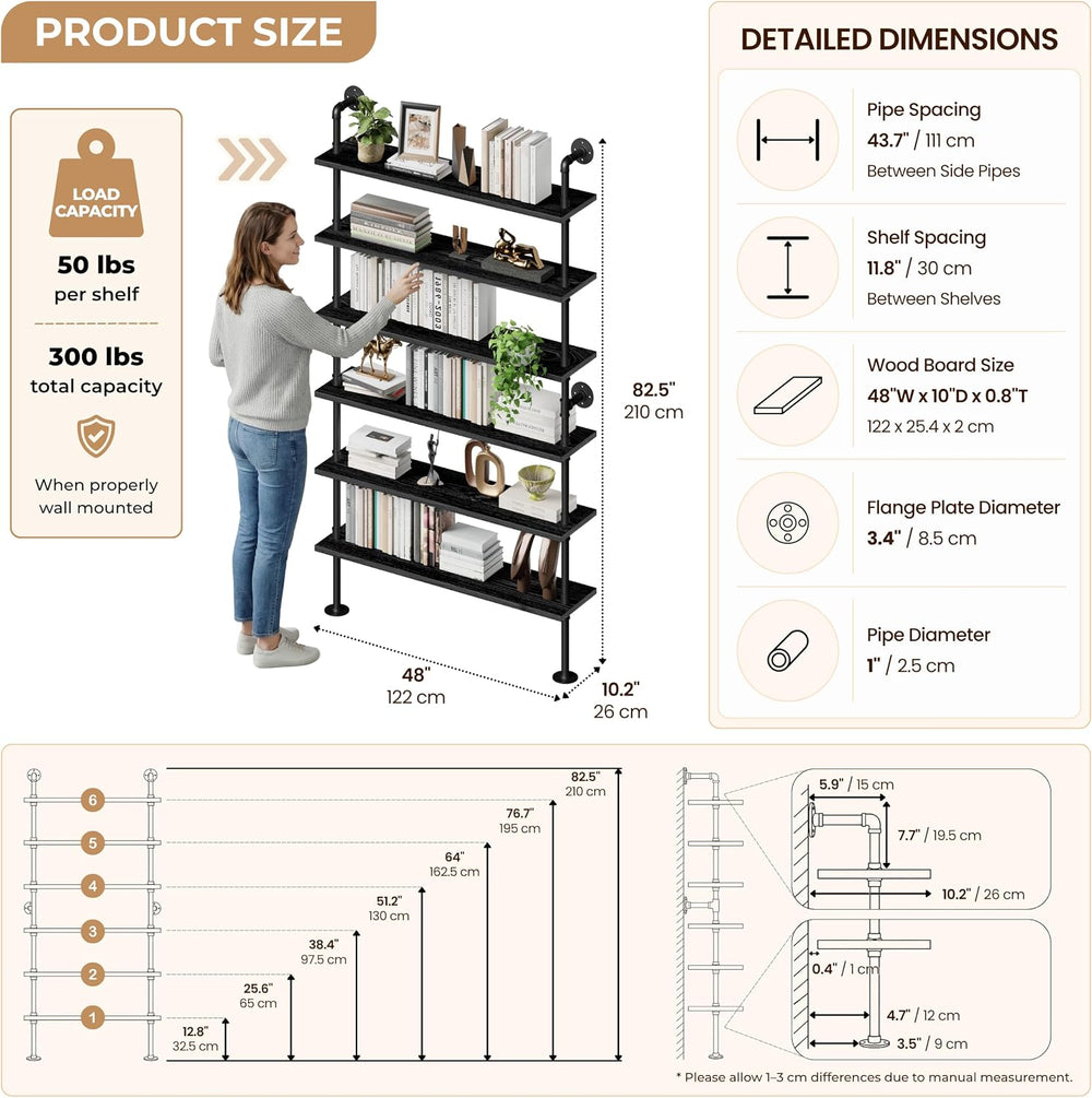 Industrial Pipe Bookshelf, Wall Mounted Shelf, 48 Inch, Black
