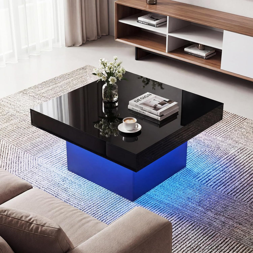 GOFLAME LED Coffee Table for Living Room, Square, Modern High Glossy, Black