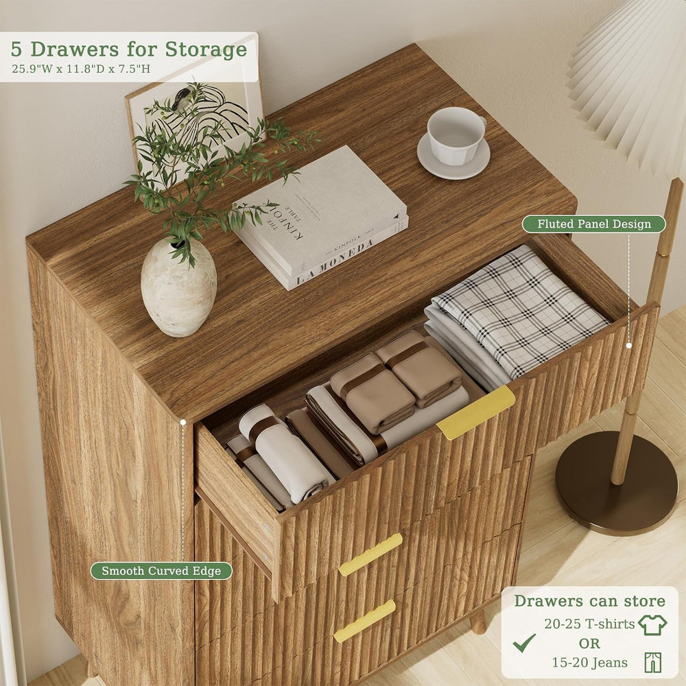 LYNSOM Fluted 5 Drawers Dresser, 45" Tall Modern Chest of Drawers with C...