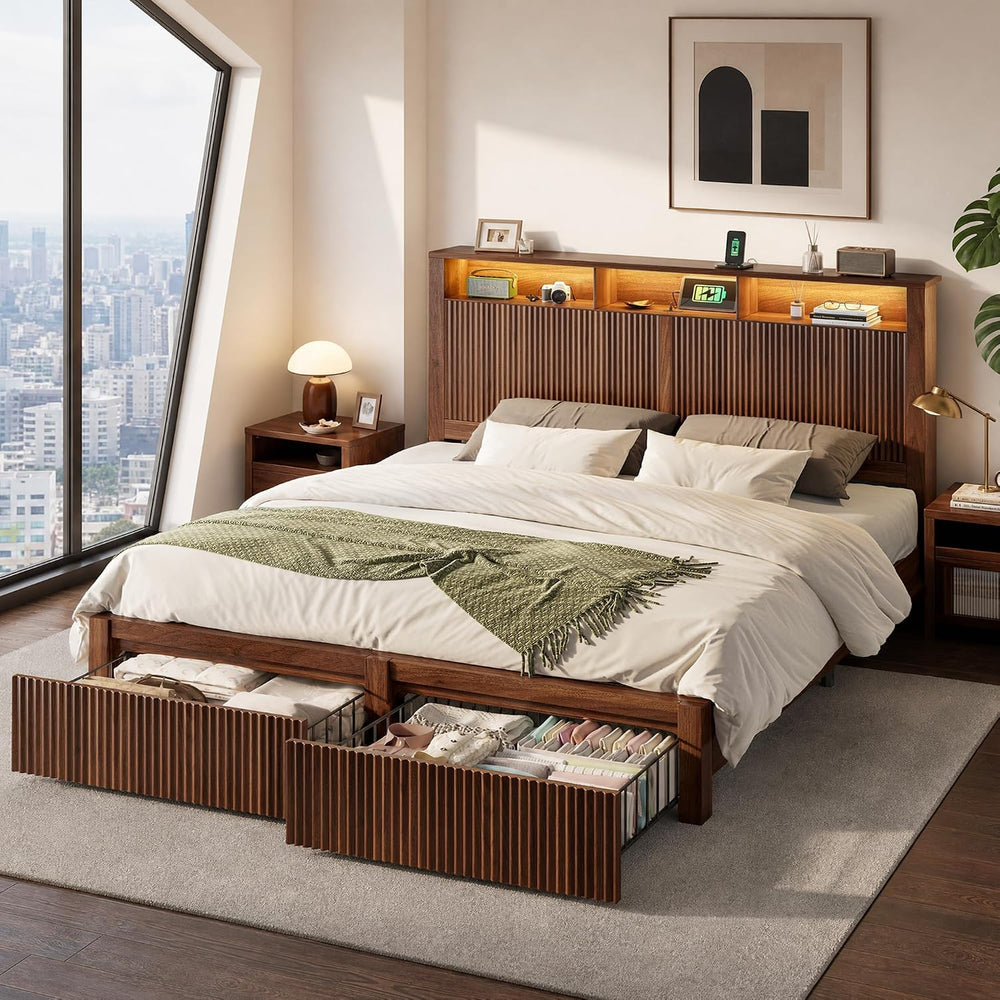 CypBed King Size Bed Frame and Headboard & 2 Storage Drawers, Walnut