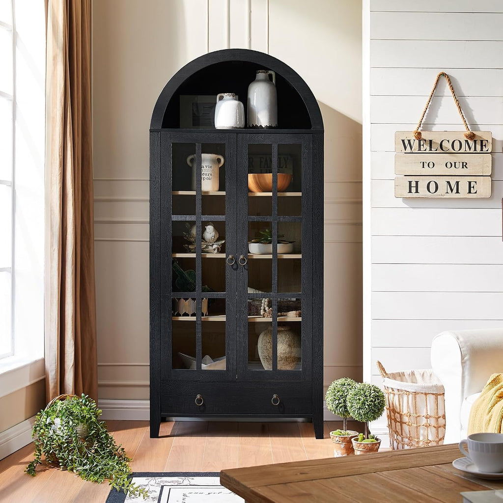 RowyPoey 71" Tall Arched Cabinet Bookshelf with Glass Door & Storage Drawer