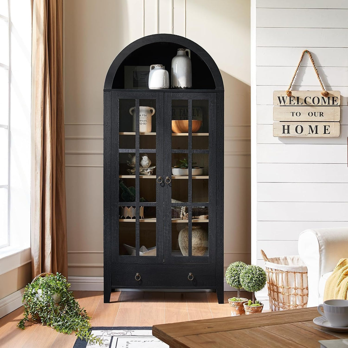 RowyPoey 71" Tall Arched Cabinet Bookshelf with Glass Door & Storage Drawer