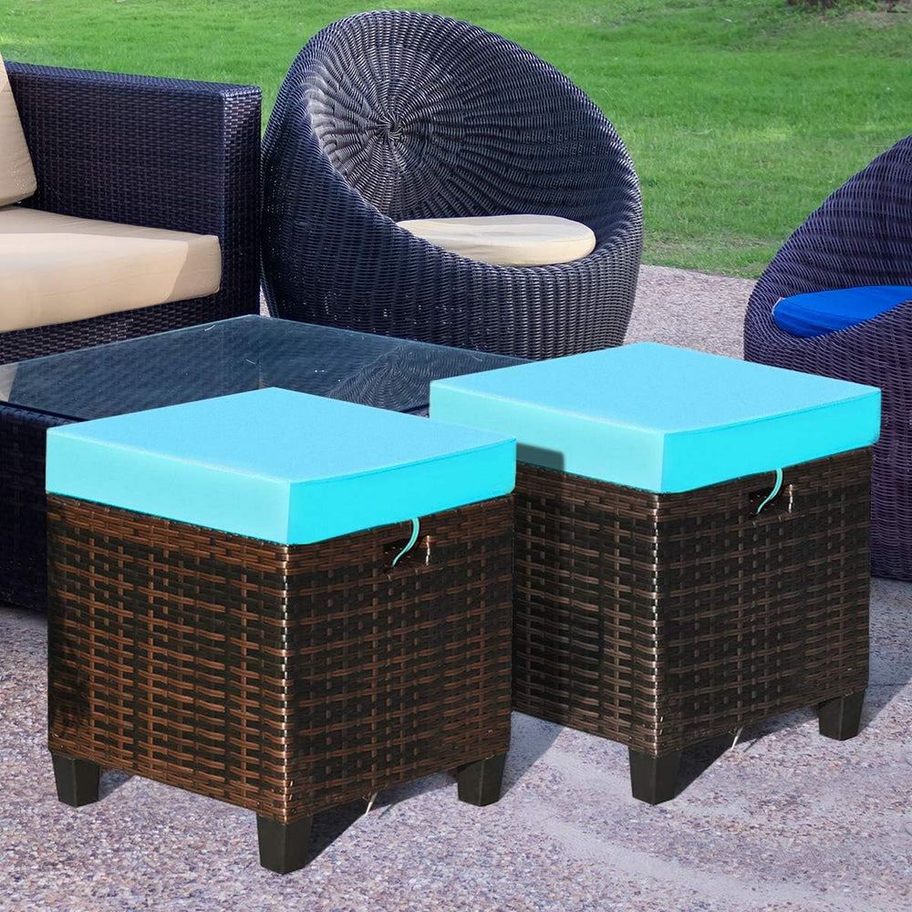Tangkula Patio Rattan Ottomans with Removable Cushions Set of 2