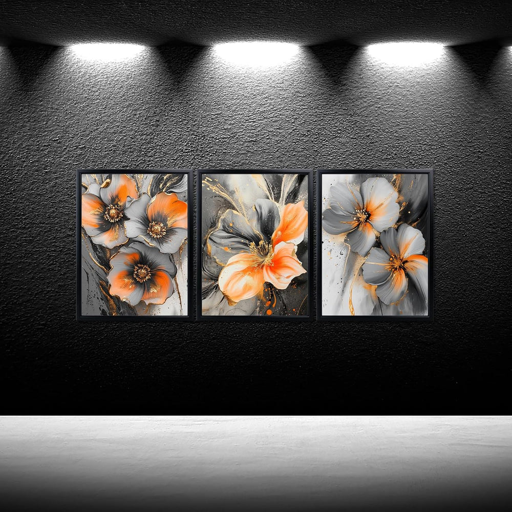 3 Piece Orange and Grey Abstract Flower Canvas Wall Art with Black Frame