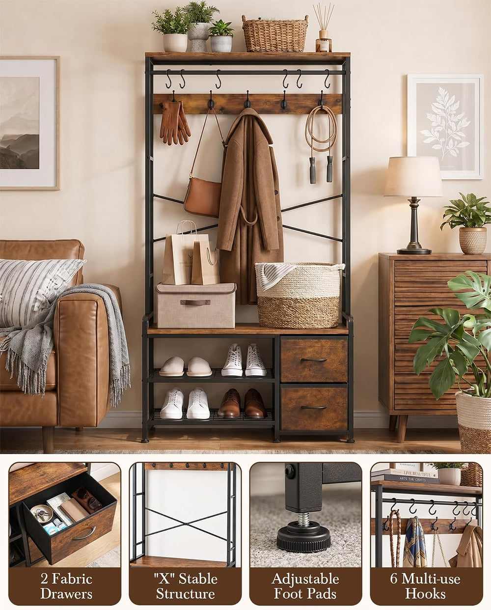 Faesun Hall Tree with Bench and Shoe Storage, Rustic Brown