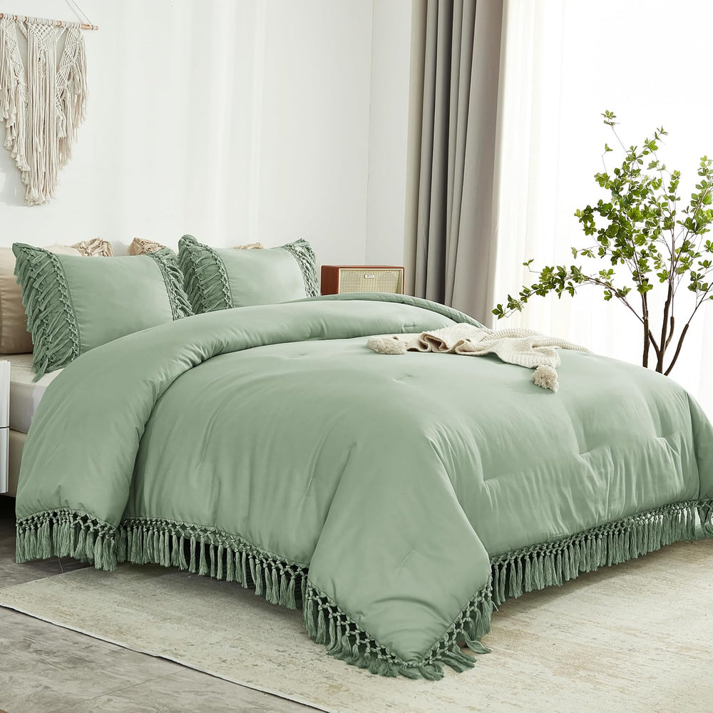 Andency Sage Green Comforter Set King, 3 Pieces Boho Tassel Bedding