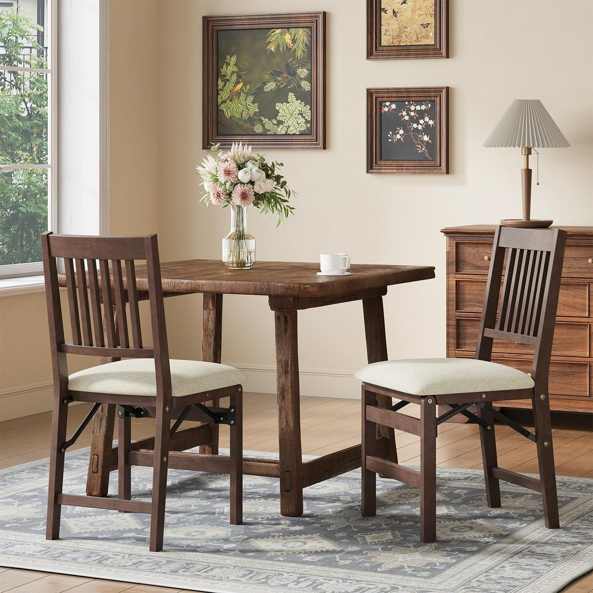 Folding Wood Dining Chairs Set of 2 – No Assembly, Beige Fabric Cushion