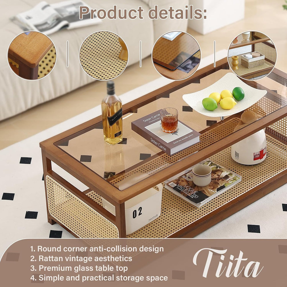 Tiita Large Bamboo Rectangle Coffee Table, Glass Top, Rattan Storage, Brown
