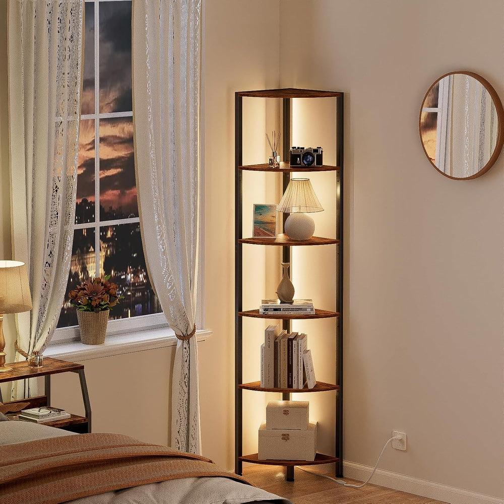 Furnulem 6 Tier Corner Shelf with LED Light, 67.5" Corner Narrow Bookshelf