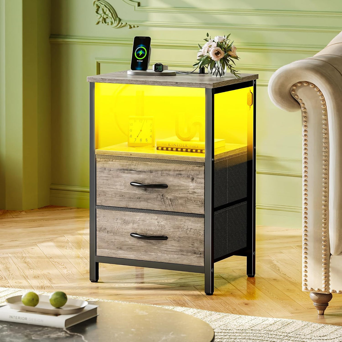 Huuger Night Stand with Charger Station and LED Lights, 2 Drawer Nightstand, Bed Side Table with Open Shelf, End Table, Fabric Drawers for Bedroom, Oak
