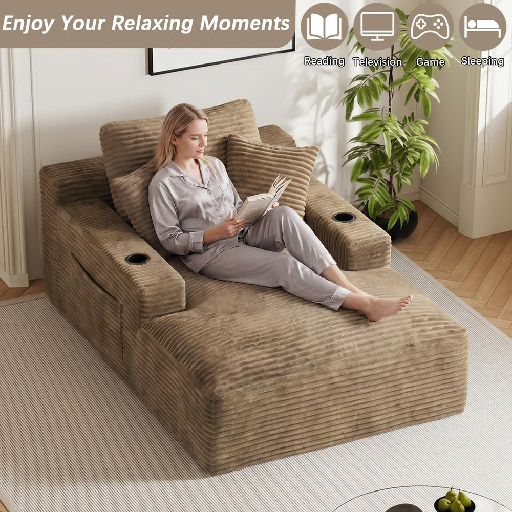 50" x 76" Corduroy Chaise Lounge Sofa Bed with Cup Holders, Camel