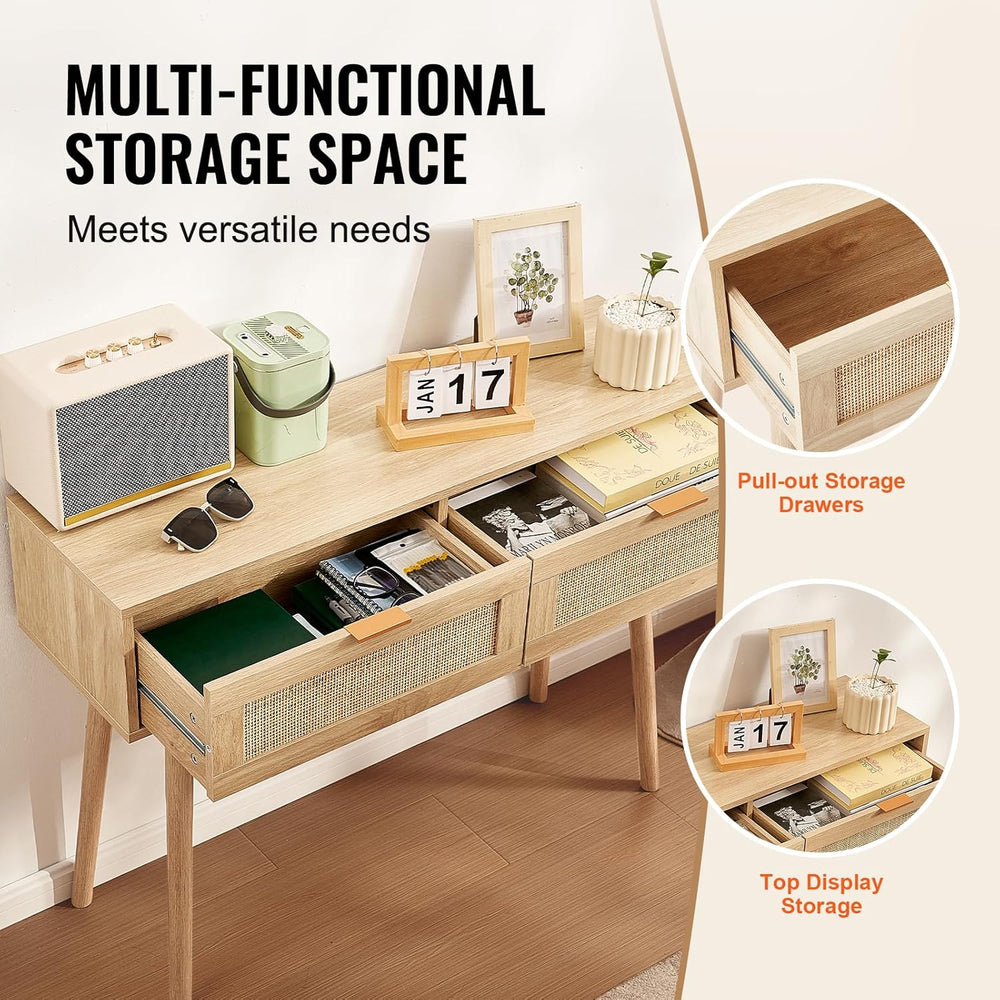 VEVOR Rattan Console Table with 2 Storage Drawers, Rattan Entryway Table with...