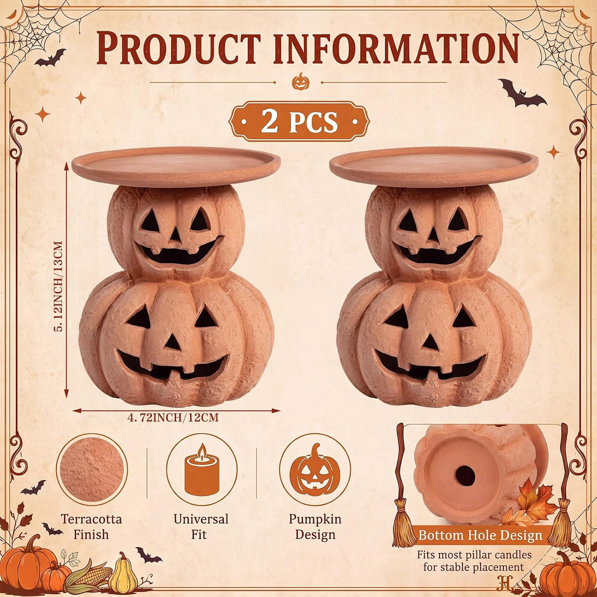 2 Pcs Halloween Terracotta Pumpkin Candle Holder Jack O Lantern Table Decor