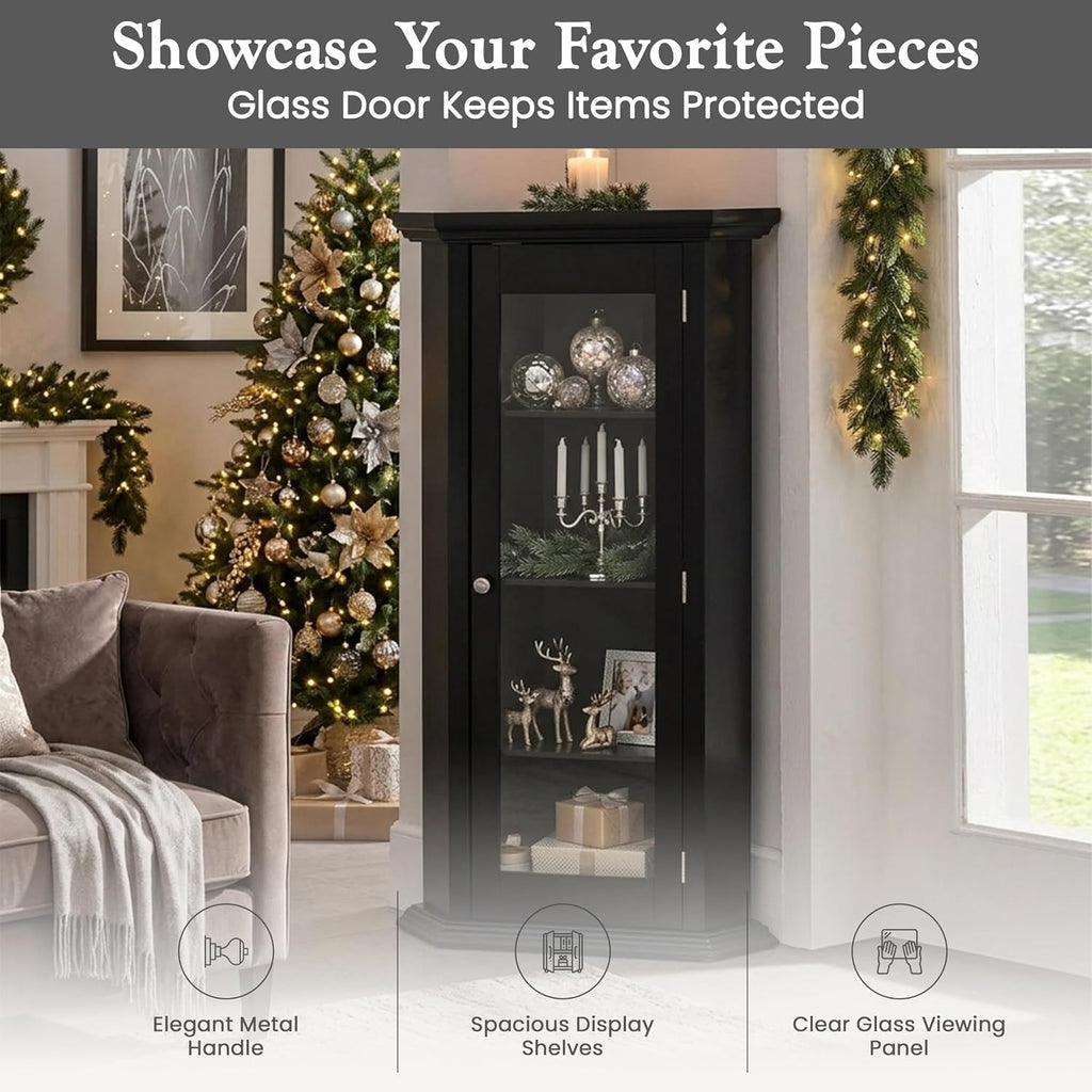 Kings Brand Corner Curio Display Cabinet w/Glass Door & Shelves, Black