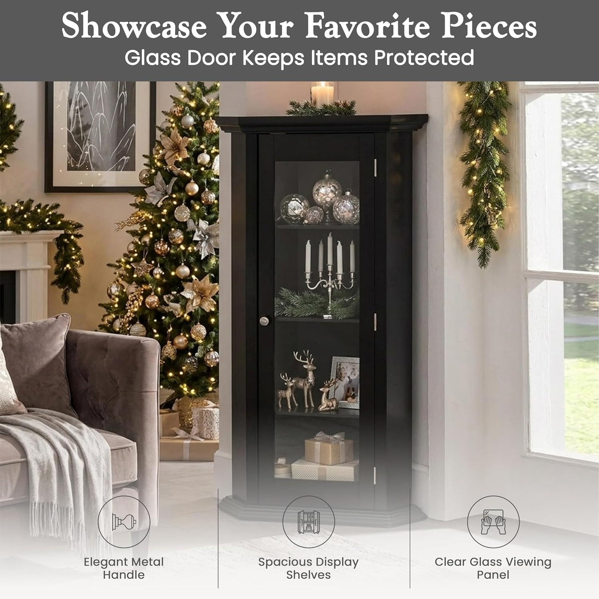 Kings Brand Corner Curio Display Cabinet w/Glass Door & Shelves, Black