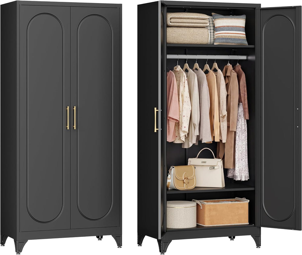 71" Tall Metal Bedroom Armoire, Wardrobe Closet with Doors, Black