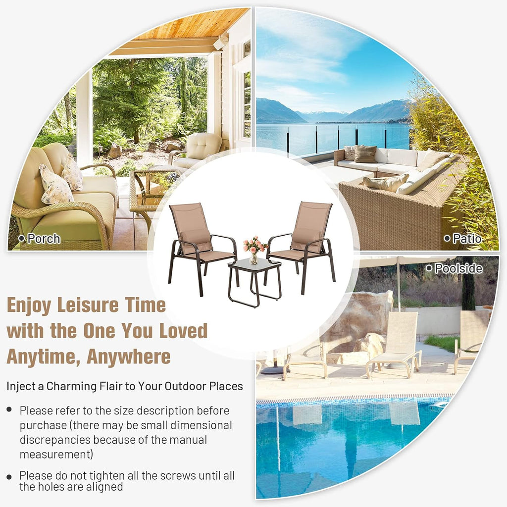 Tangkula Outdoor Bistro Set, 3 Pieces Patio Recliner Stackable Chairs with Adjustable & Folding Backrest, Removable Headrest and Tempered Glass Coffee Table Set, Patio Conversation Set (Brown)