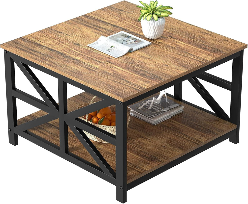 GreenForest 27.55 Inch Square Coffee Table with 2 Tier Storage