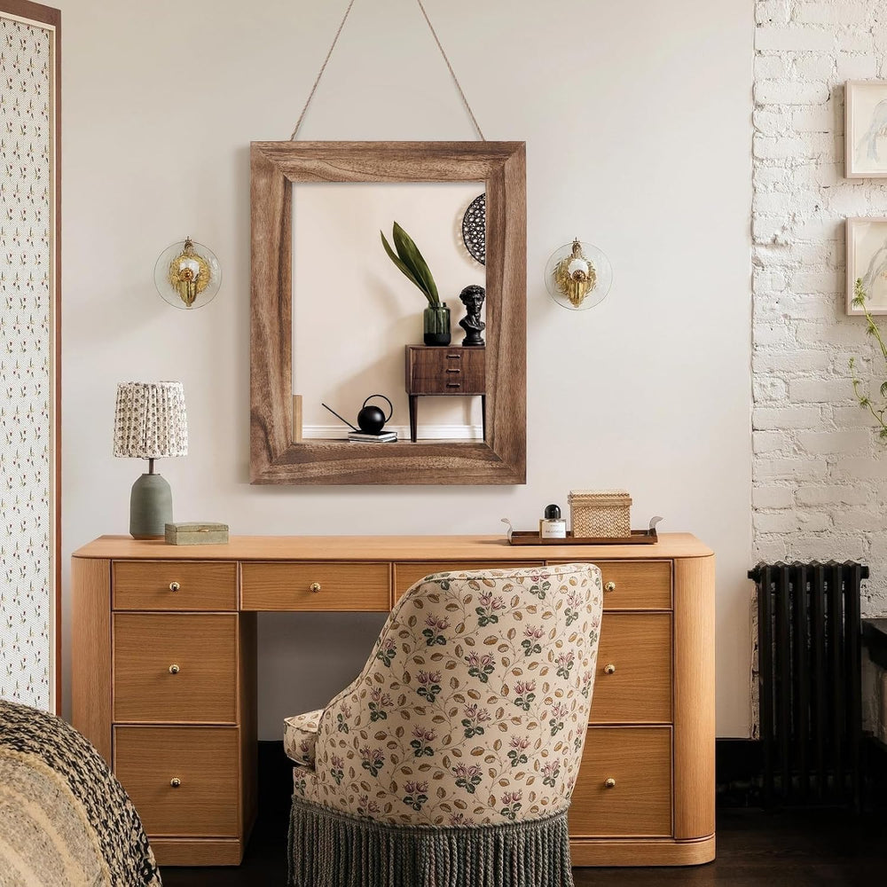 QDSSDECO 16" x 20" Farmhouse Rectangular Wall Mirror, Brown