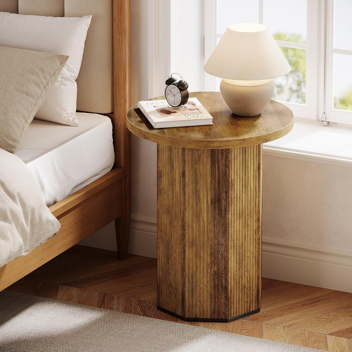 Tribesigns Round End Table, Farmhouse Fluted Side Table with Pedestal Base, Wooden Nightstand Accent Furniture for Living Room, Small Space, Bedroom (Brown)