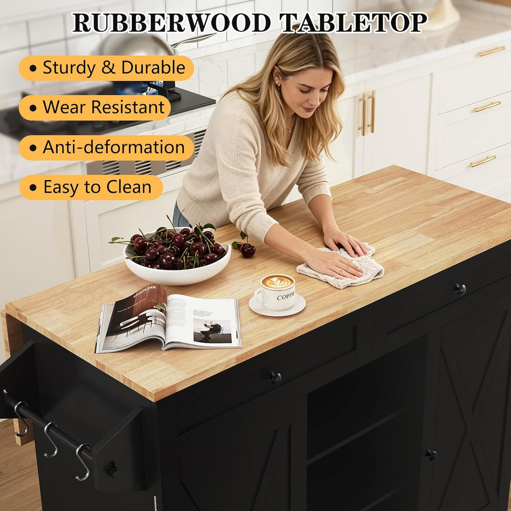 HLR Farmhouse Kitchen Island On Wheels, Black