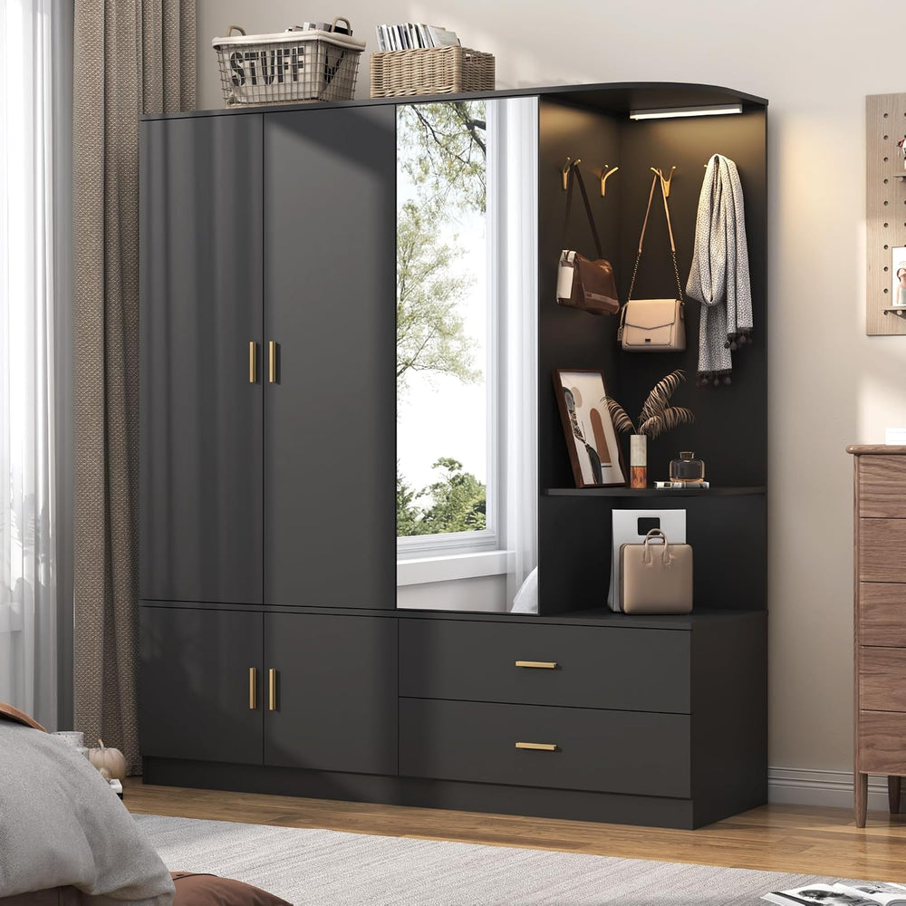 XVD Armoire Wardrobe Closet with Mirror & Sensor Light, Bedroom Armoire w...