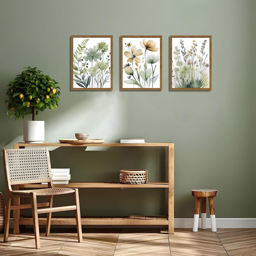 Wood Framed Sage Green Botanical Wall Art Set of 3, Boho Floral Canvas Wall D...