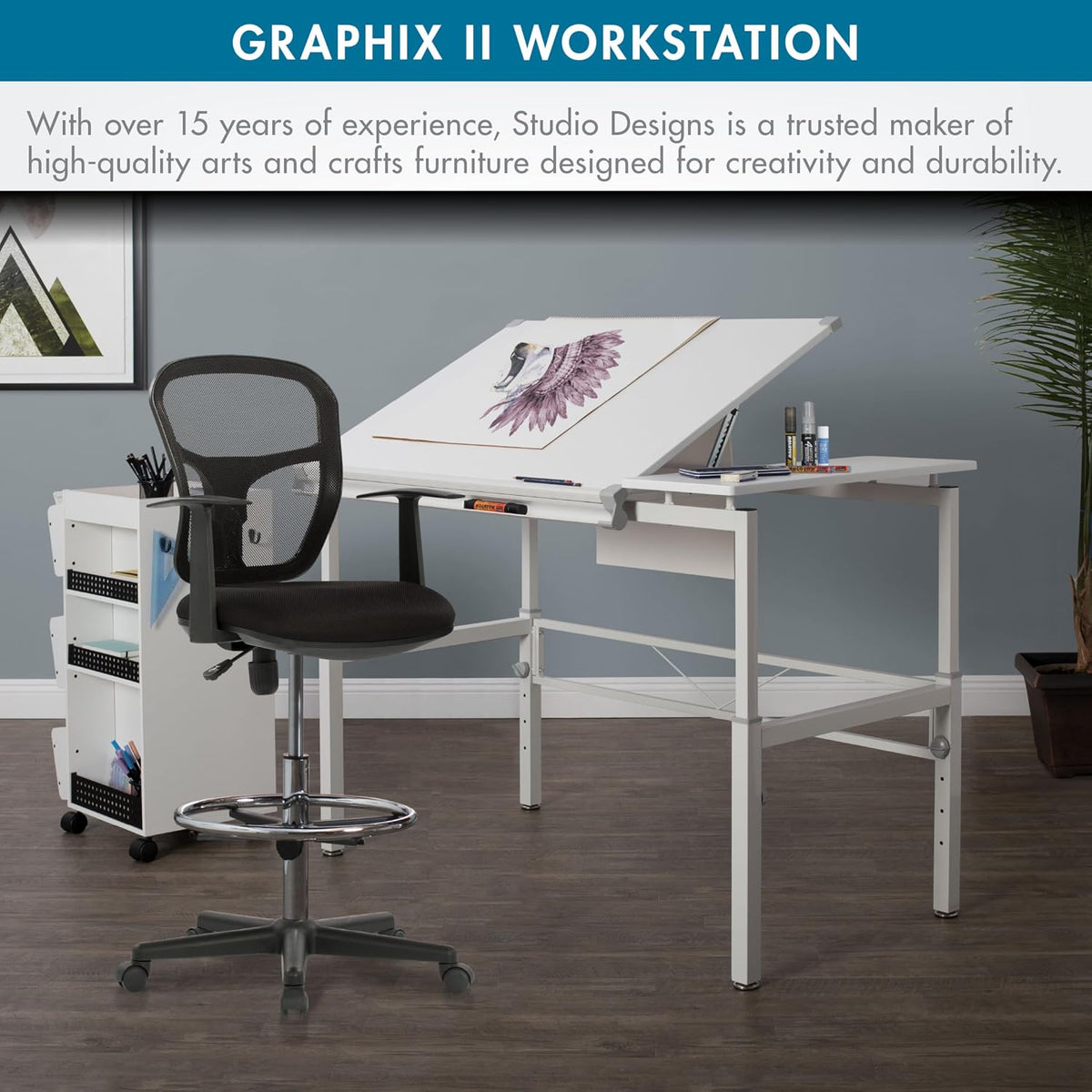 studio designs graphix ii workstation - white/gray 10211 showing dimensions