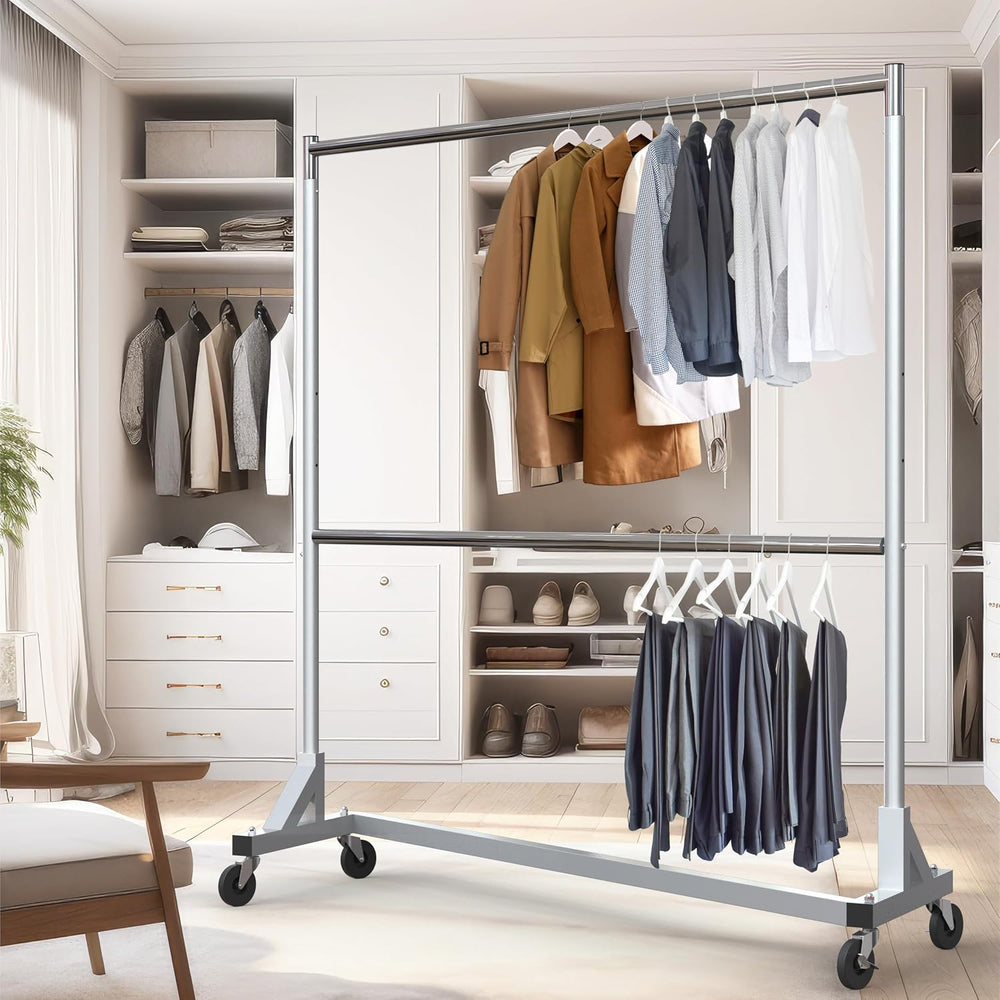 Simple Houseware Commercial Grade Z-Base Double Rod Garment Rack, Silver