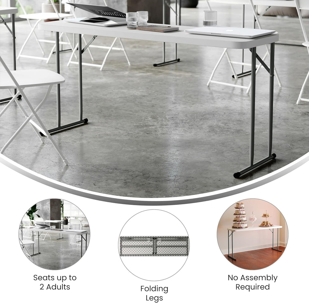 Flash Furniture Kathryn 5' Rectangular Plastic Folding Table, Long Plastic Foldable Table for Indoor/Outdoor Events, White